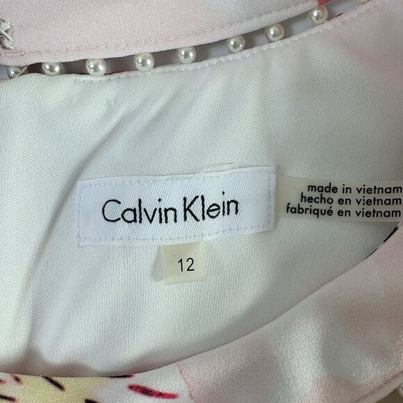 Calvin Klein Sheath Dress Women 12 Pink Floral Pearl Accent Neckline Sleeveless - Picture 5 of 12